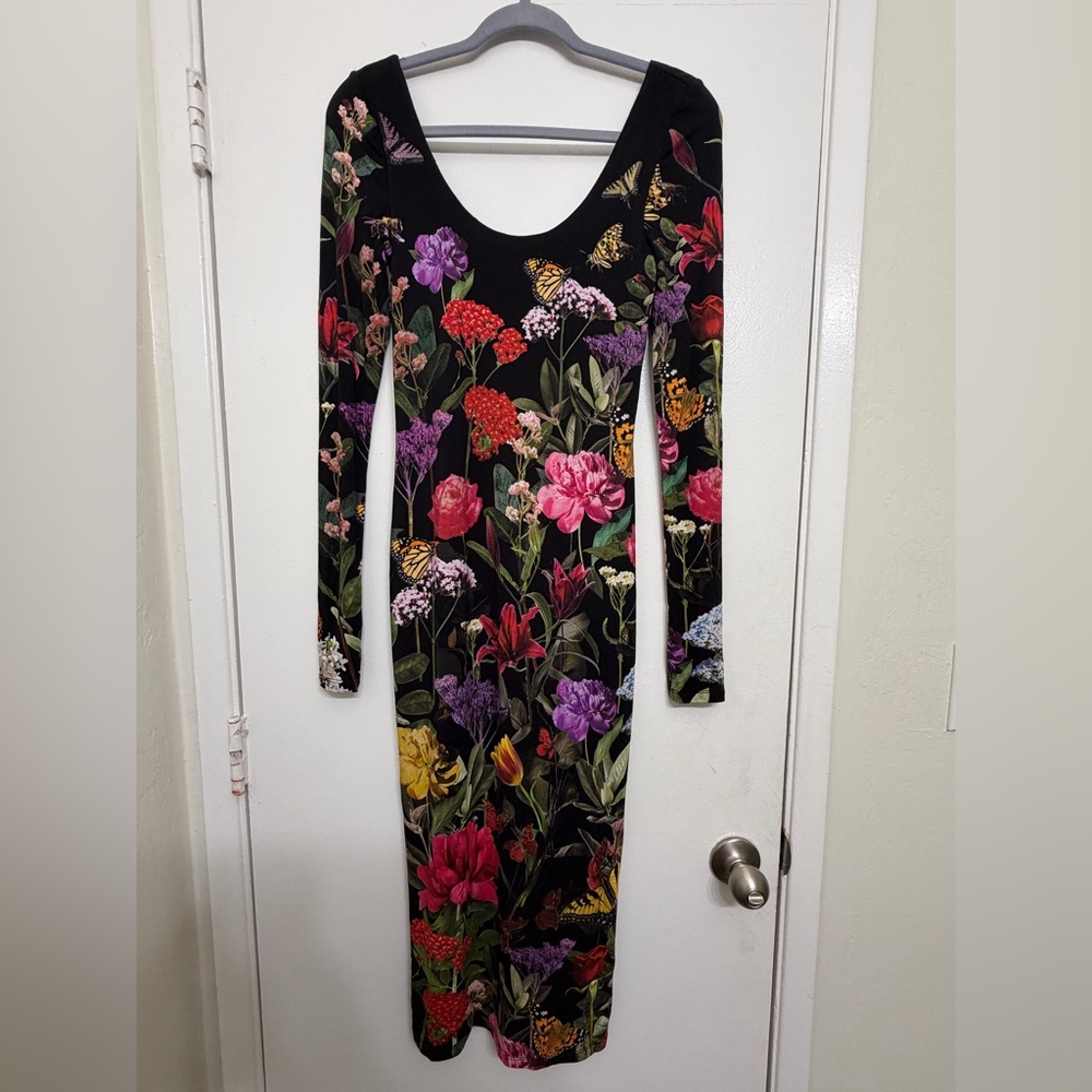 Alice + Olivia Delora Secret Garden 6 Black Floral Long Sleeve Dress